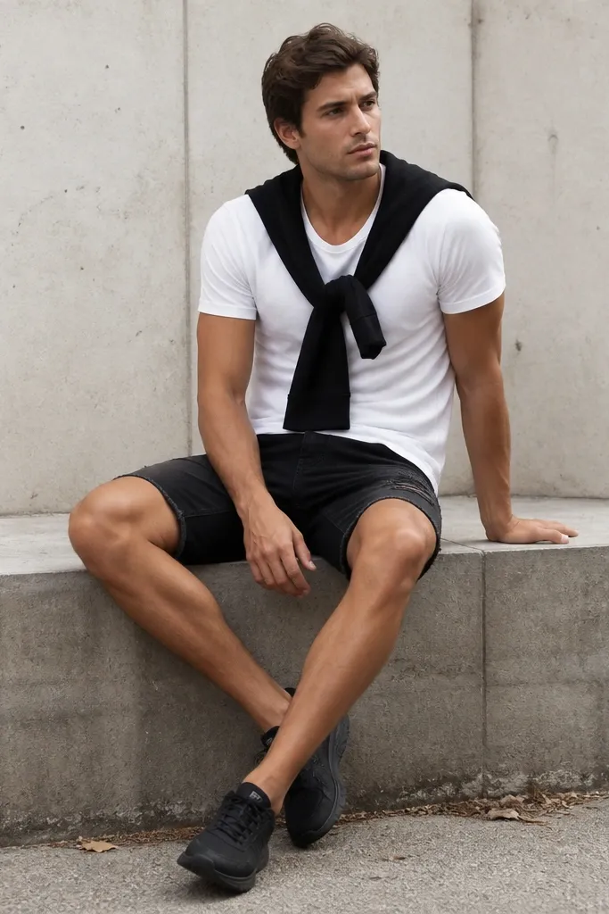 A man wearing a white t-shirt with a black button-up tied around his shoulders like a scarf. He has distressed dark shorts and wears black sneakers.