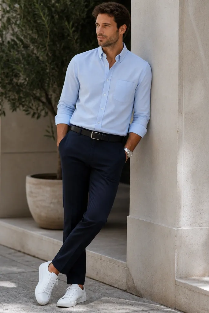 A man wearing a light powder blue button-up oxford shirt with a slightly rumpled texture. He pairs it with flat-front navy chinos and clean white low-top sneakers. A simple black belt and a silver watch sit at the waist and wrist; the outfit is styled for daytime with bright natural light.