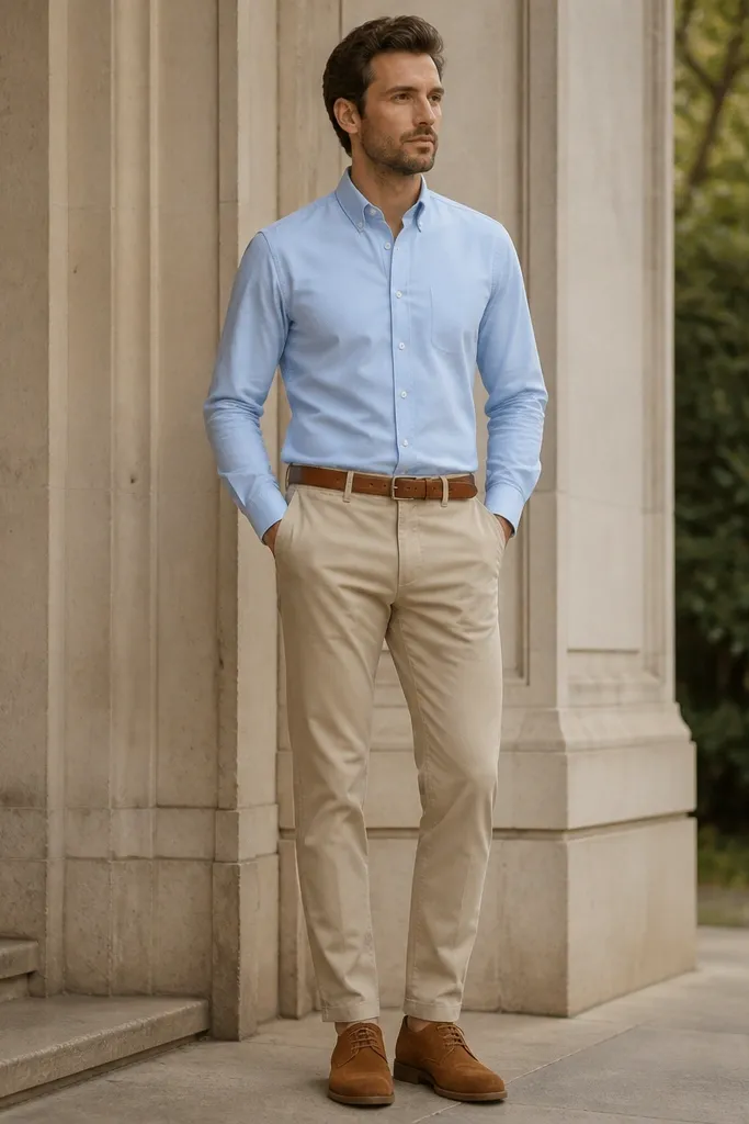 A light sky blue poplin shirt with a smooth, crisp surface. The man wears stone or sand-colored chinos and cognac desert boots. His belt matches the boots, and the shirt is fully tucked with a neat crease at the waist.