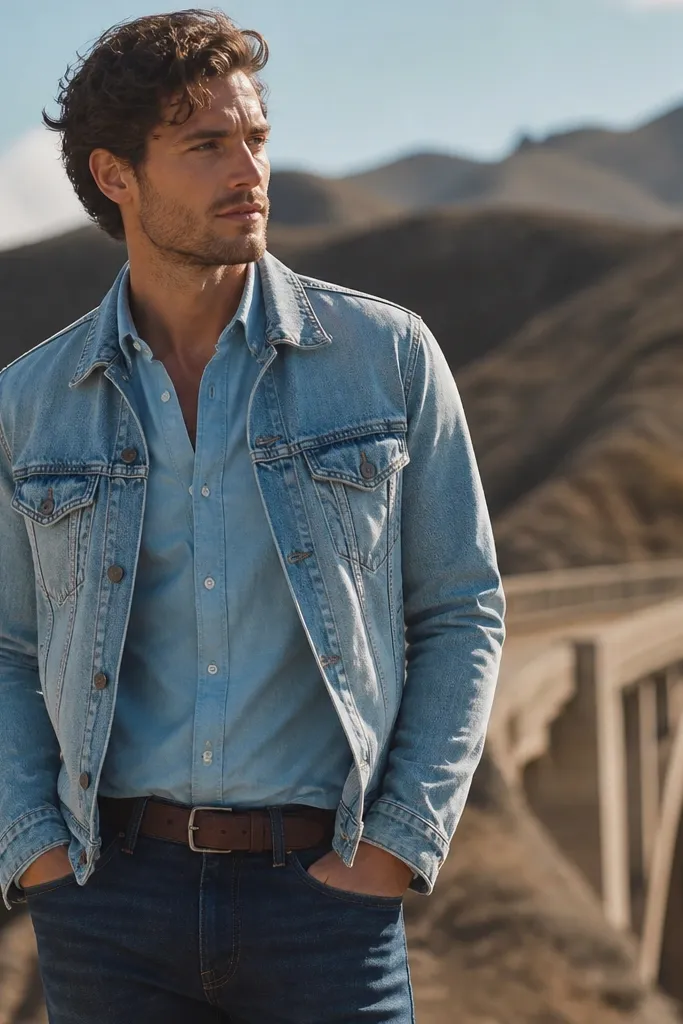 A chambray baby blue shirt worn under a light wash denim jacket. The man pairs it with dark indigo jeans and a brown leather belt. The outfit is photographed outdoors with denim textures clearly visible.