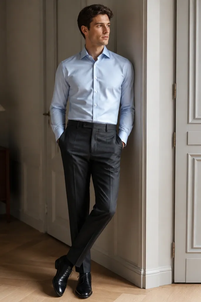 A tailored baby blue dress shirt with a crisp collar and smooth fabric. The man wears charcoal wool trousers and black leather oxford shoes. His shirt is fully tucked, and the outfit looks polished in an indoor setting.