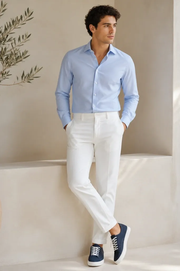 A baby blue button-up worn with white tapered chinos. The shoes are navy canvas sneakers with white midsoles. The shirt is neatly tucked and the overall look is airy and clean.
