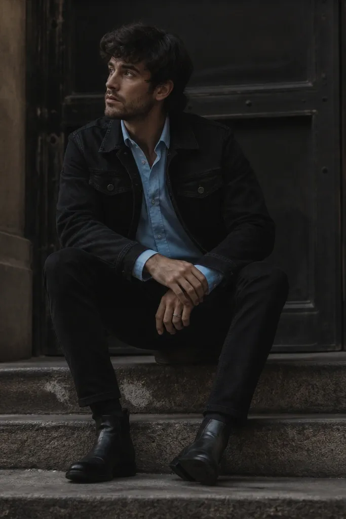 A baby blue button-down shirt under a black denim jacket. The man wears black jeans and black leather boots. The outfit looks moody and styled for evening.
