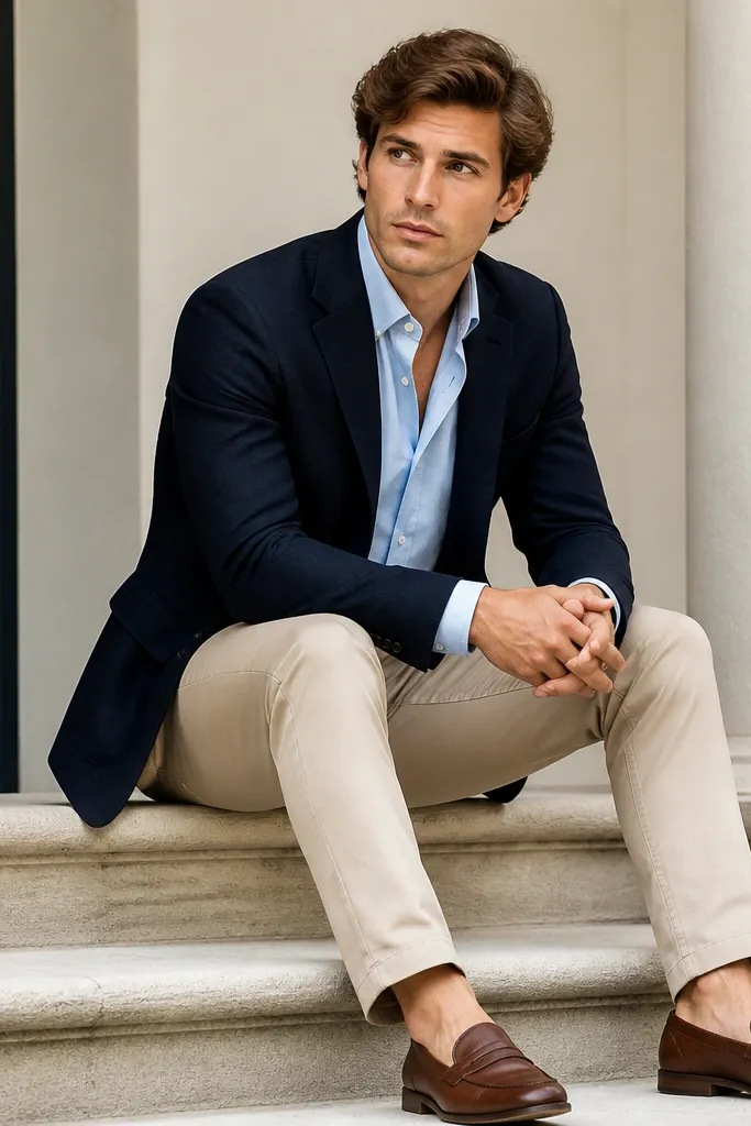 A baby blue oxford shirt worn open at the collar under a navy blazer. The man pairs beige chinos with brown leather loafers. The blazer is structured with a clean shoulder line.