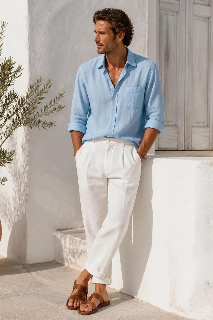 A baby blue shirt worn with white linen trousers. The man uses a relaxed tuck and wears tan leather sandals with a minimal strap. The look is casual and airy, shot in daylight.