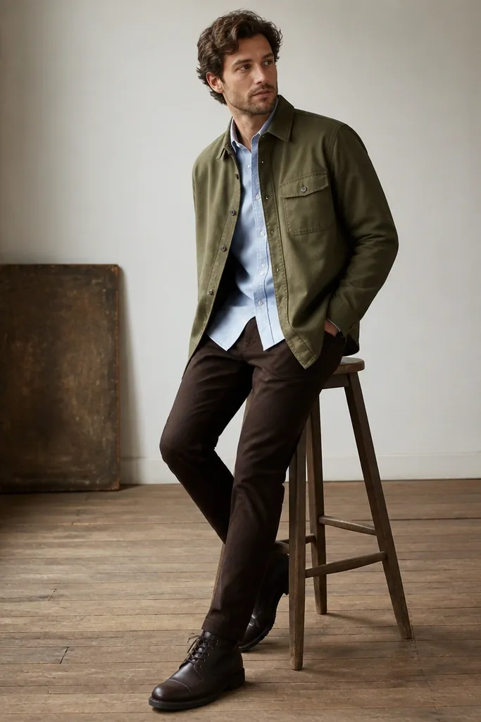 A baby blue shirt layered under an olive overshirt. The man wears dark brown chinos and dark leather boots. The overshirt has a button front and a utility pocket.