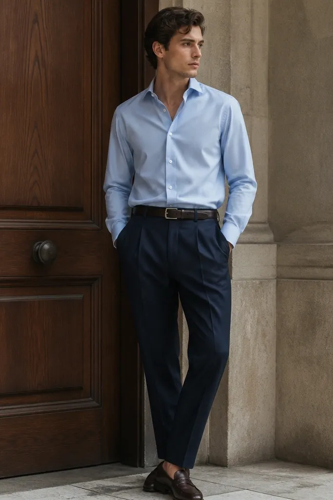 A baby blue poplin shirt tucked into navy pleated trousers. The man wears dark loafers and a simple leather belt. The shirt looks crisp and the trousers have visible pleats.