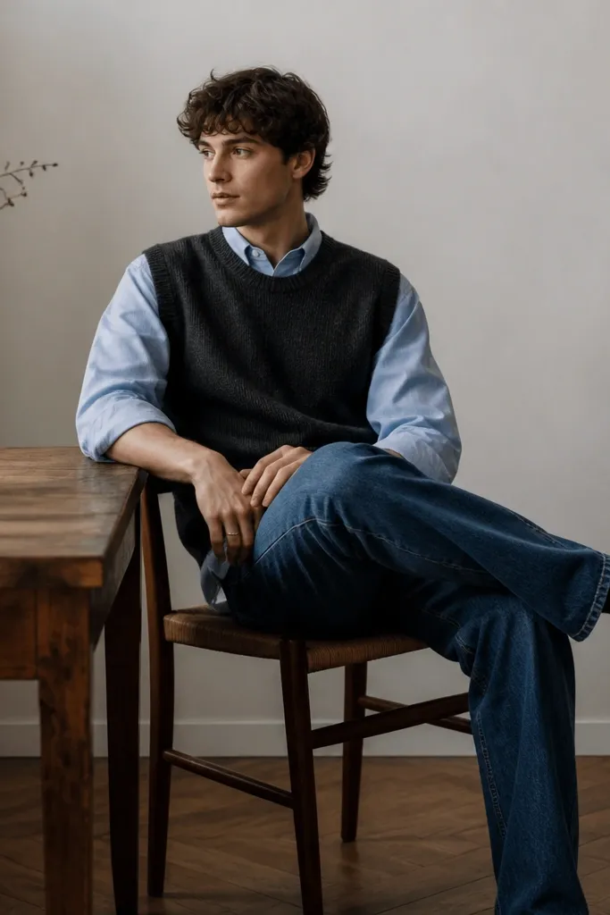 A baby blue button-up with the collar peeking out from under a charcoal sweater vest. The man wears straight-leg blue jeans and dark leather shoes. The styling looks layered and cozy.