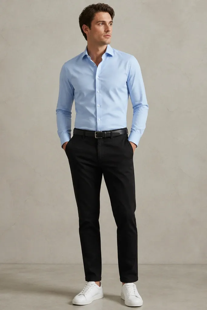 A baby blue button-up with the shirt hem tucked into black chinos. The man wears white sneakers with a minimal profile and a black belt. The outfit is bright and clean against a neutral background.