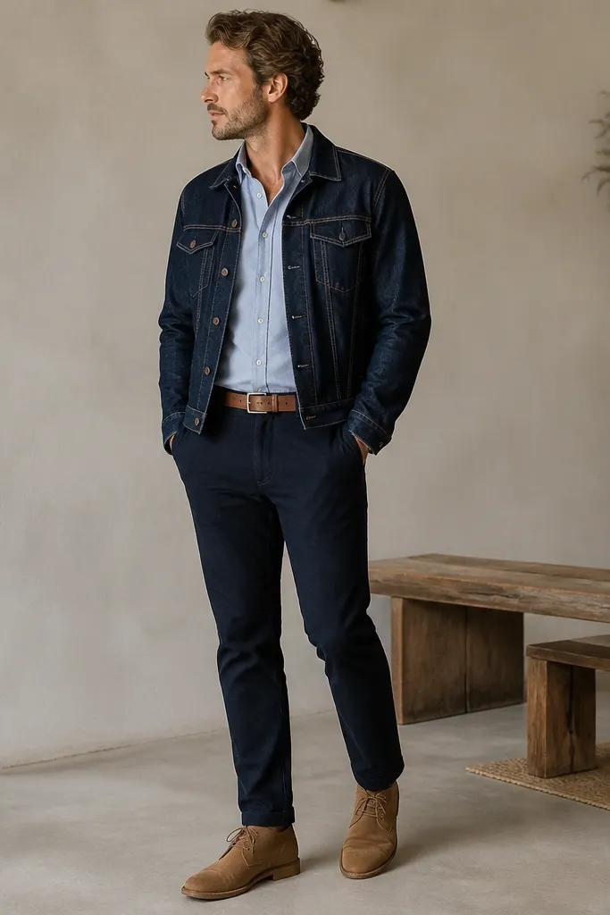 A baby blue shirt with sleeves down under a navy denim jacket. The man wears tan chukka boots and light brown belt. The outfit looks casual and structured.