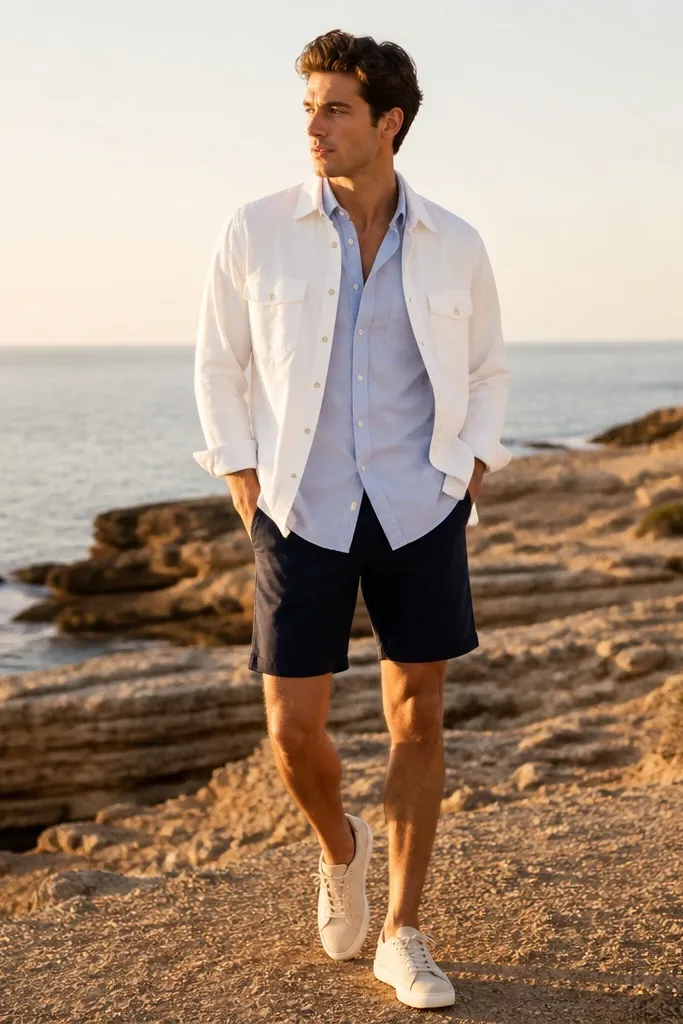 A baby blue button-up worn under a white overshirt. The man wears navy shorts and light sneakers. The look is staged outdoors at golden hour with bright fabric contrast.