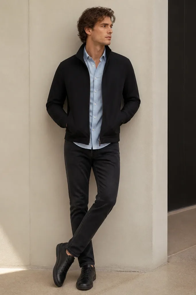 A baby blue shirt worn under a black Harrington jacket with a stand collar. The man wears dark gray jeans and black leather sneakers. The outfit looks sleek and transitional.