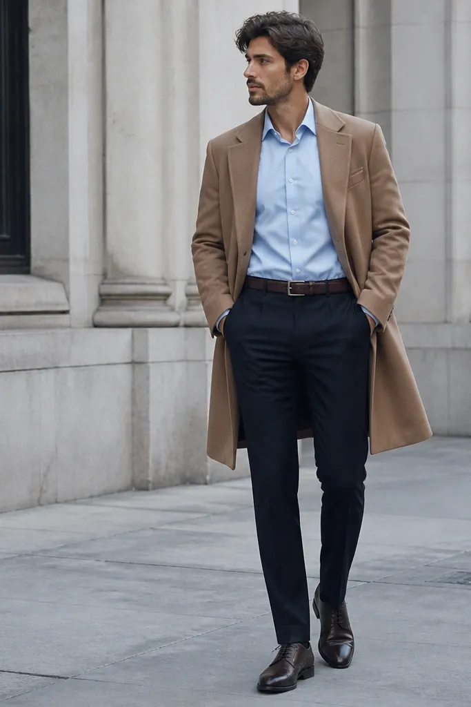 A baby blue shirt tucked into navy trousers. A camel overcoat is worn open, showing the shirtfront. The man wears dark leather shoes and a brown belt, shot in cool daylight.