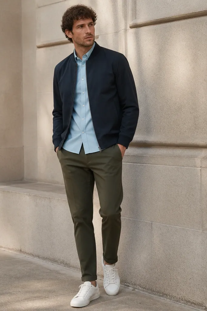 A baby blue shirt under a navy bomber jacket. The man wears olive tapered pants and white sneakers. The bomber has a ribbed collar and cuffs, giving a sporty silhouette.