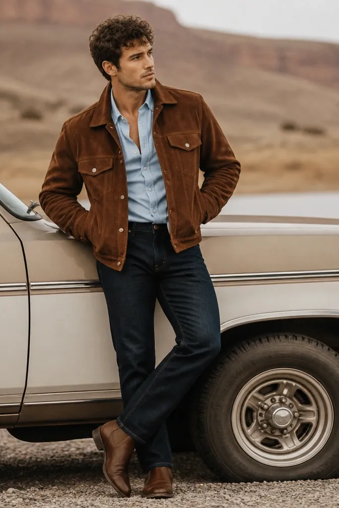 A baby blue button-up under a brown suede trucker jacket. The man wears dark jeans and brown leather boots. The suede texture is visible, and the outfit looks autumnal.