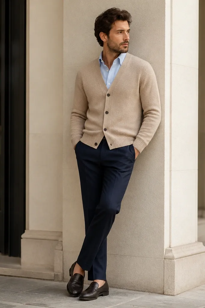 A baby blue shirt with the collar visible under a beige cardigan. The man wears navy chino-suit style trousers and dark loafers. The outfit looks calm and layered for mild weather.