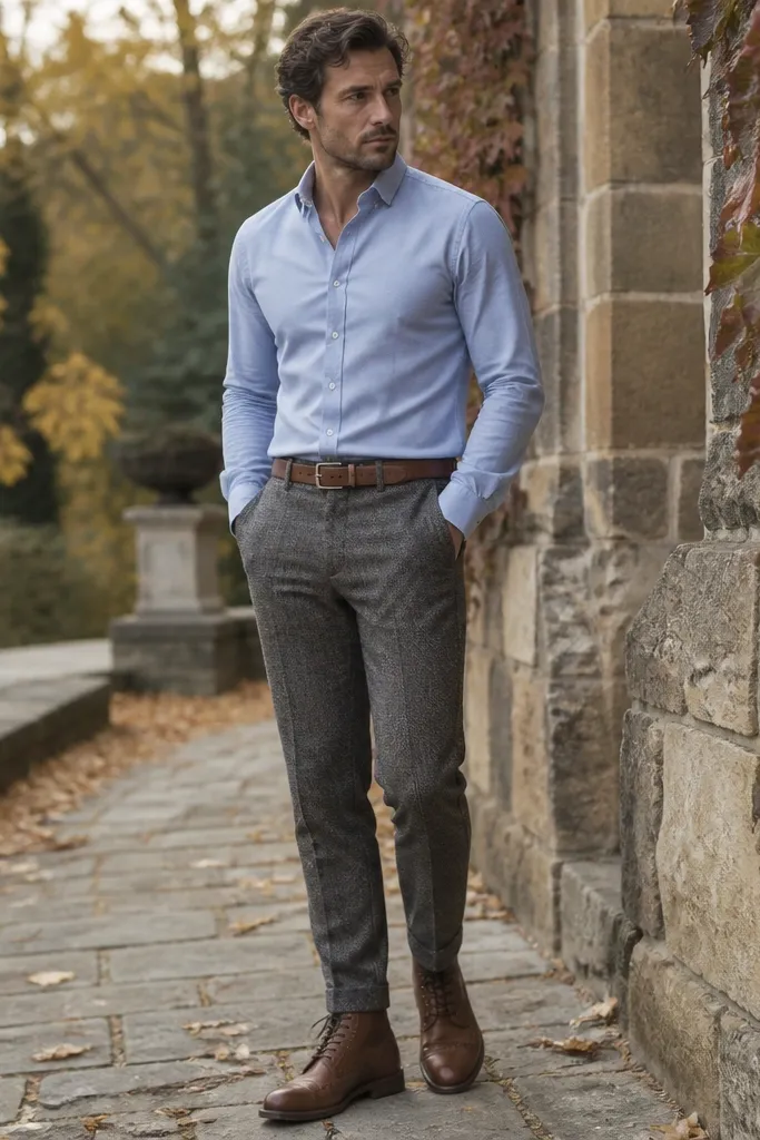 A baby blue shirt tucked into gray flannel trousers. The man wears brown wingtip boots and a belt that matches the boots. The outfit looks autumnal with wool texture visible.