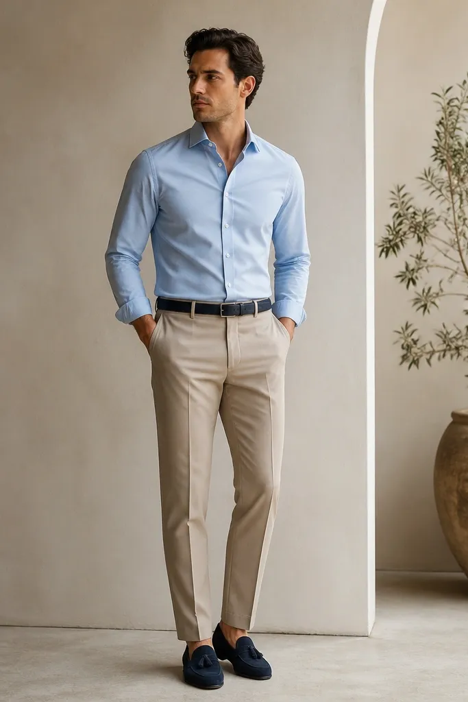 A baby blue button-up tucked into tan suit trousers. The man wears navy loafers and a navy belt. The look is clean and slightly dressy without a blazer.
