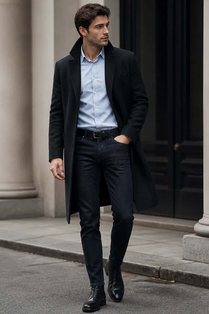 A baby blue shirt tucked into slim dark denim. The man wears a black overcoat open at the front and black leather shoes. The outfit is photographed in cool weather with a clean silhouette.
