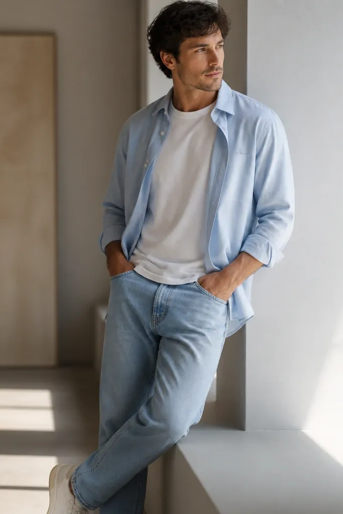 A baby blue button-up worn open like an outer layer over a white crewneck tee. The man wears light blue jeans and casual sneakers. The photo shows the shirt hanging loosely and sleeves rolled.