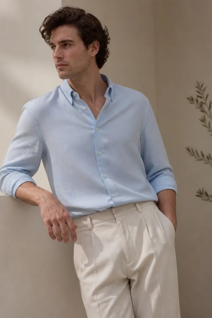 Seasonal evergreen baby blue shirt outfit men