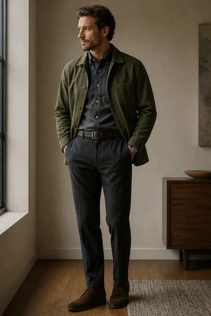 A charcoal oxford button-down tucked into dark charcoal trousers. An olive green chore jacket sits over it with metal buttons. Brown leather belt and a simple wristwatch. Shoes are dark brown suede chukkas.