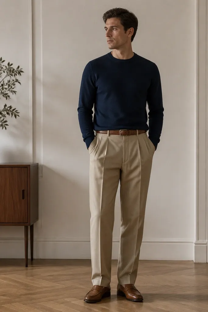 A navy merino crewneck sweater worn over the waistband of tan pleated trousers. The trousers have a medium break and a straight leg. The shoes are cognac leather loafers. A light brown belt matches the loafers.