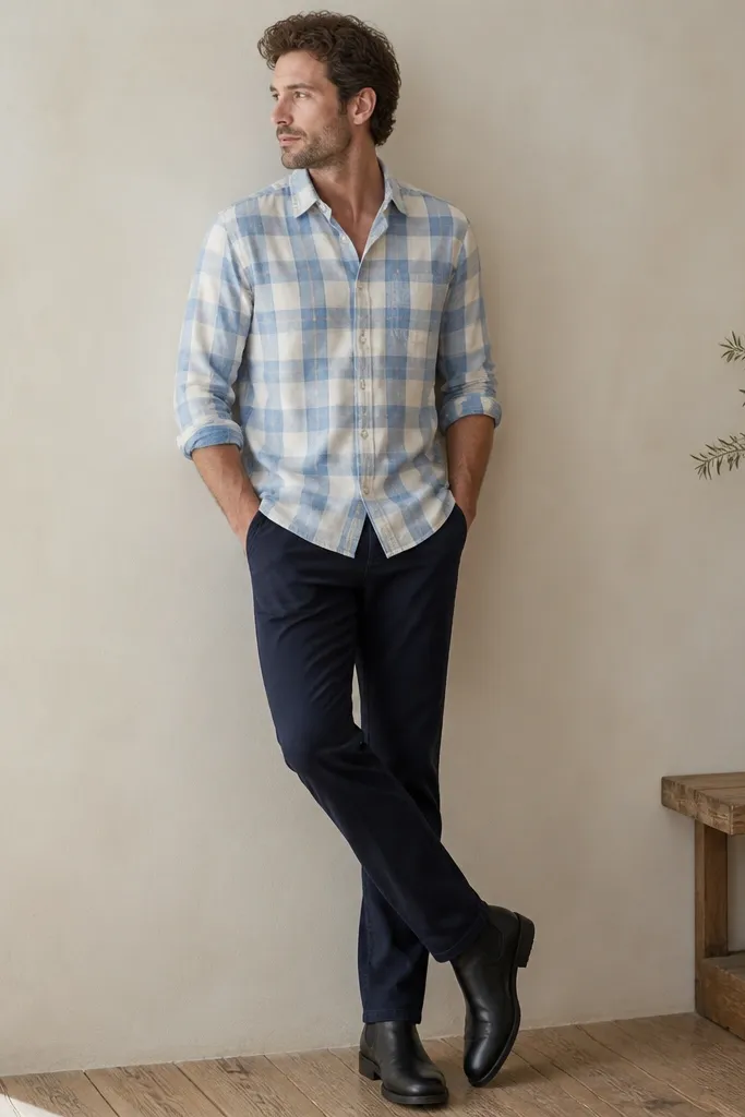 A light blue and white flannel button-down worn untucked over dark indigo denim-look chinos. Sleeves are rolled to the forearm. The shoes are black leather Chelsea boots.