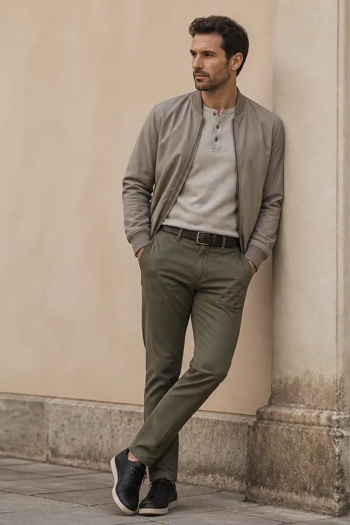 A stone-colored henley with three buttons worn under a lightweight bomber. Olive straight-leg trousers with a slight taper. White low-top sneakers replaced with black leather sneakers. A dark leather belt.