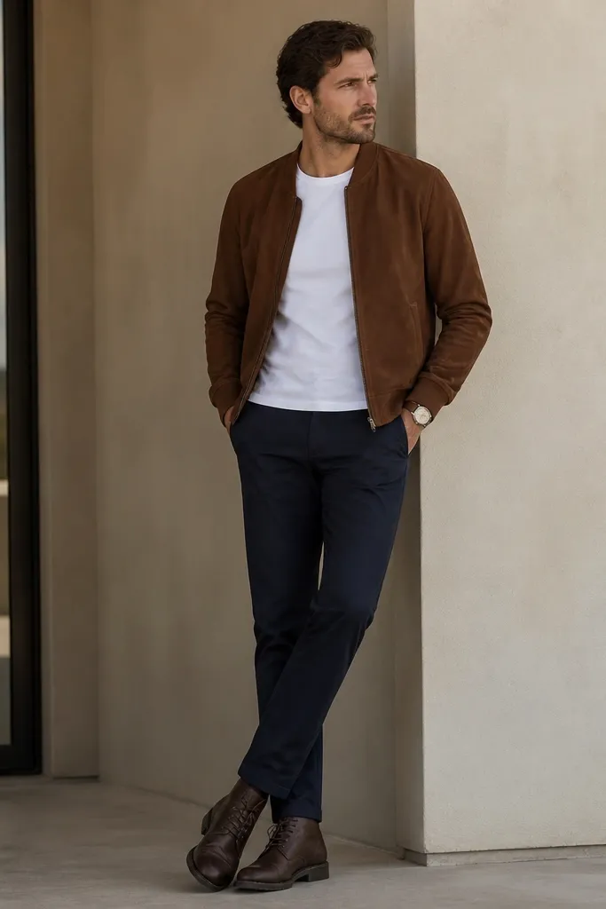 A brown suede jacket with a zip front over a white crewneck tee. Navy chinos with a straight leg. Dark brown lace-up boots and a wristwatch with a brown strap.