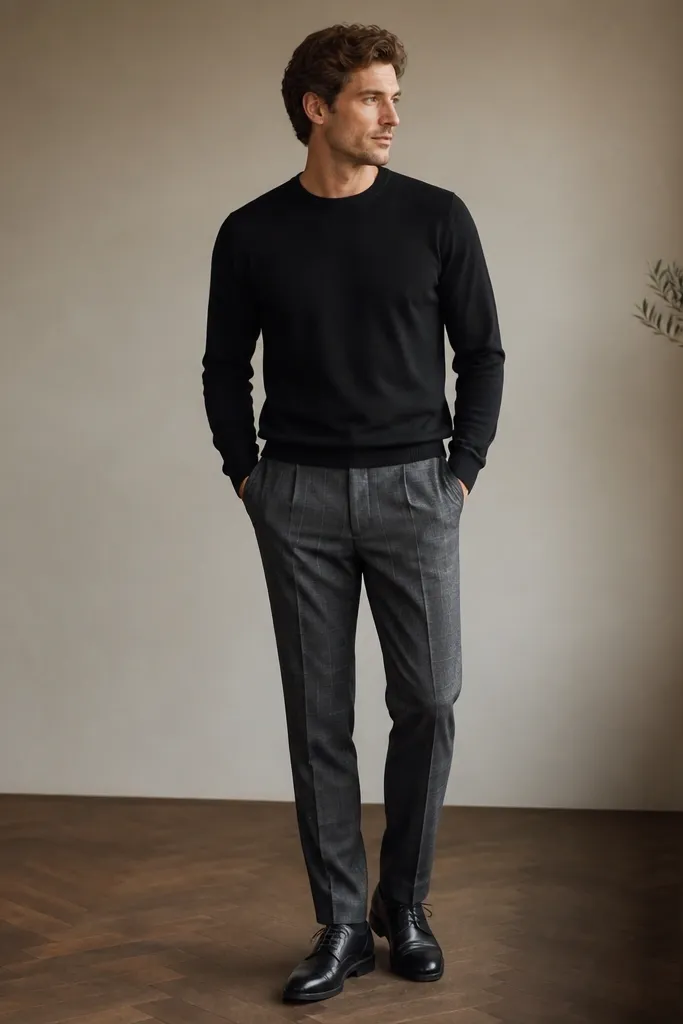 A black crewneck sweater worn over grey dress pants with a subtle windowpane pattern. The pants have a tailored fit and a slight break. Shoes are black leather oxfords.