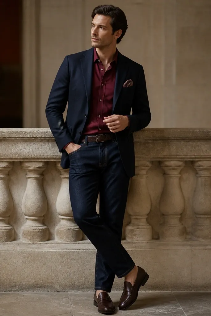 A navy blazer worn with a burgundy oxford shirt. Dark wash jeans with a slim straight fit. Shoes are dark brown leather loafers. A pocket square peeks from the blazer breast.