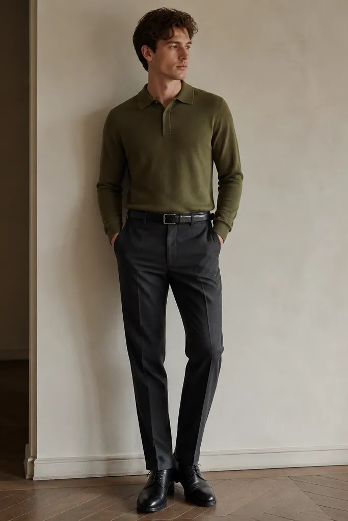 An olive knit polo with a flat collar worn with charcoal trousers. The polo has a clean placket and no bulky texture. Shoes are black leather derby shoes. Belt is black.