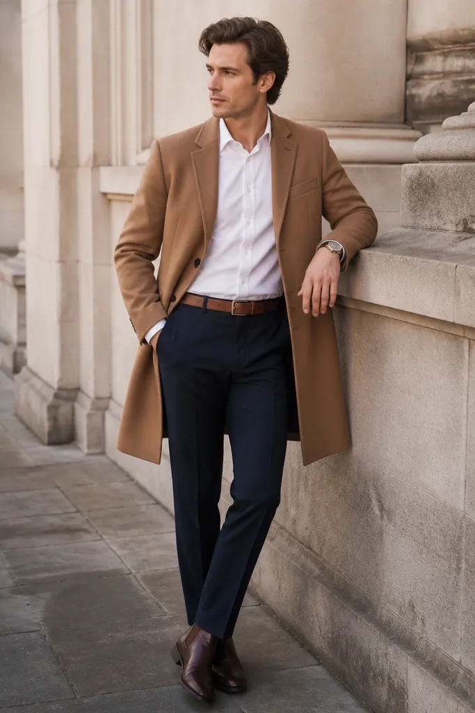 A crisp white oxford shirt under a camel overcoat. Navy trousers with a straight leg. Shoes are dark brown leather boots. A simple watch and a light brown belt.