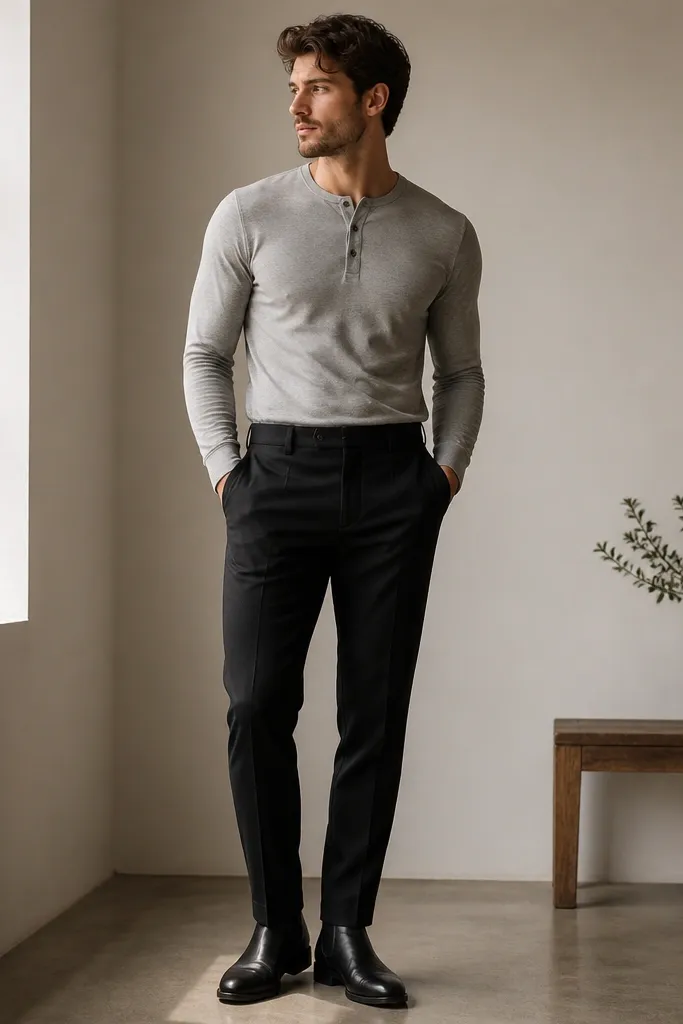 A heather grey henley with three buttons worn with black tapered trousers. The henley is tucked in neatly. Shoes are black leather Chelsea boots.
