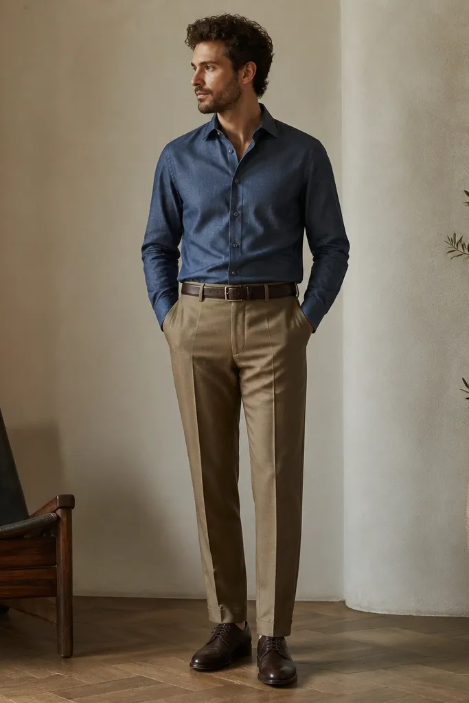 A navy chambray button-down worn tucked into tan wool trousers. The shirt has a soft collar and matte finish. Shoes are dark brown leather derby shoes. A brown belt matches the shoes.