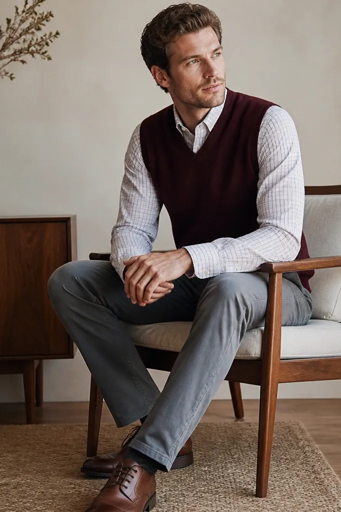 A burgundy sweater vest over a light check button-down. The shirt peeks at the collar and cuffs. The chinos are medium grey. Shoes are brown leather oxfords.