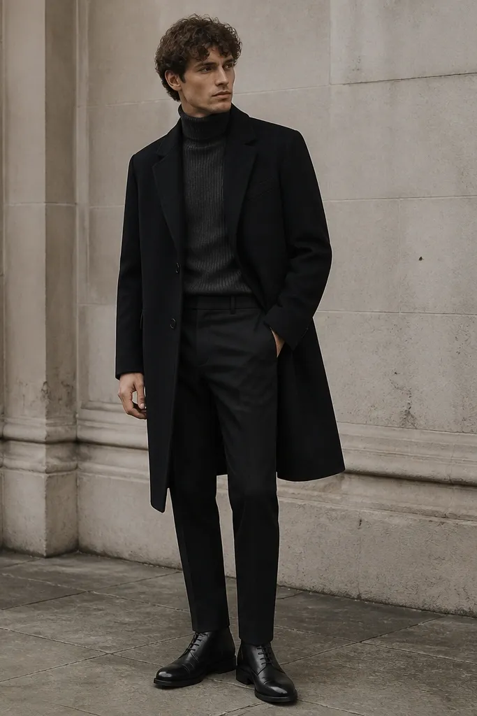A charcoal ribbed turtleneck under a black overcoat. Black trousers with a slim straight fit. Shoes are black leather lace-up boots.