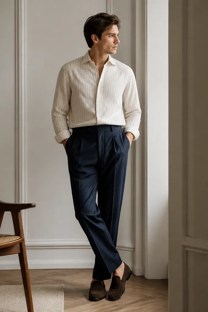 A cream flannel shirt tucked into navy pleated trousers. The flannel has a subtle grey stripe. Shoes are dark brown suede loafers.