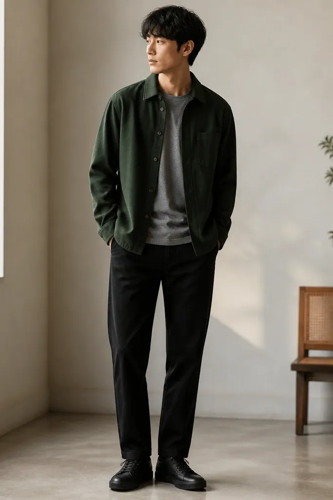 A forest green overshirt layered over a grey tee. Black denim chino pants with a straight fit. Shoes are black leather sneakers with low profile.