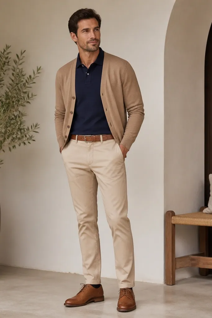 A navy polo shirt worn with sand chinos. A tan cardigan is layered on top, sleeves down. Shoes are tan leather lace-up shoes, belt matches shoes.