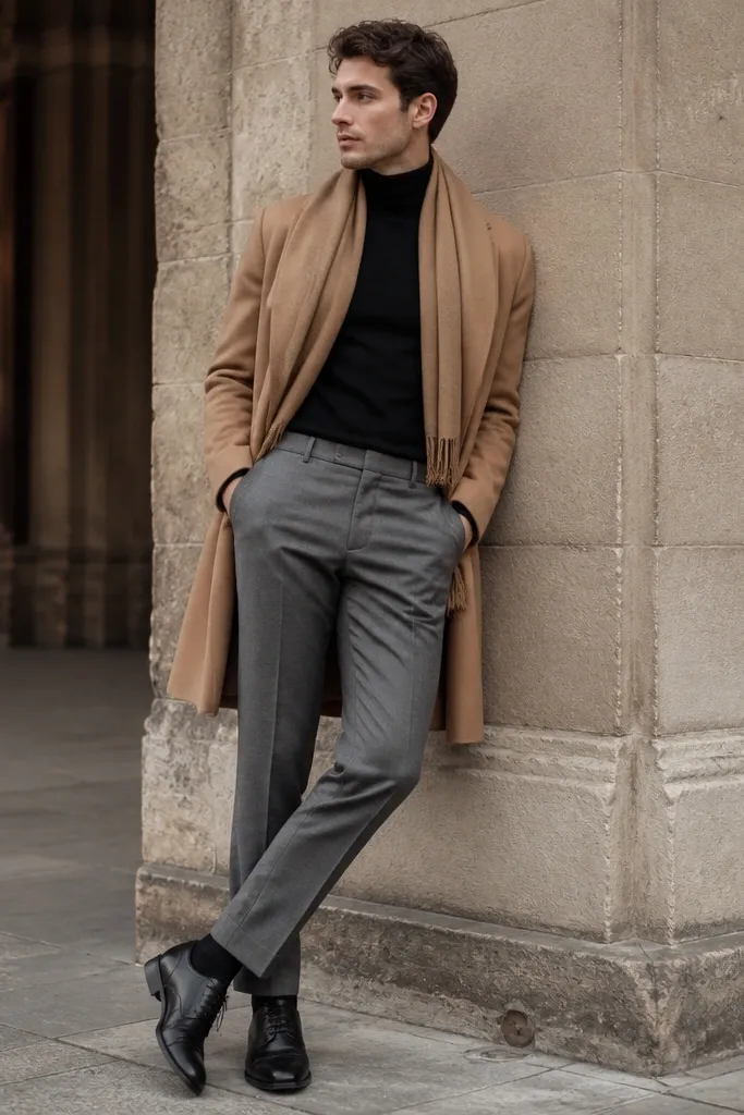 Black turtleneck tucked into grey suit trousers. A camel overcoat or coat edge is visible, plus a camel scarf around the neck. Shoes are black leather oxfords.
