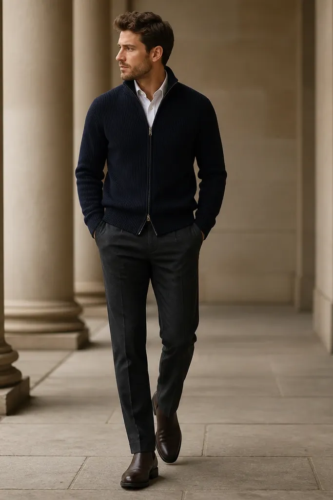 A navy sweater jacket with a zipper worn over a white dress shirt. Dark trousers with a straight leg. Shoes are dark brown leather boots.