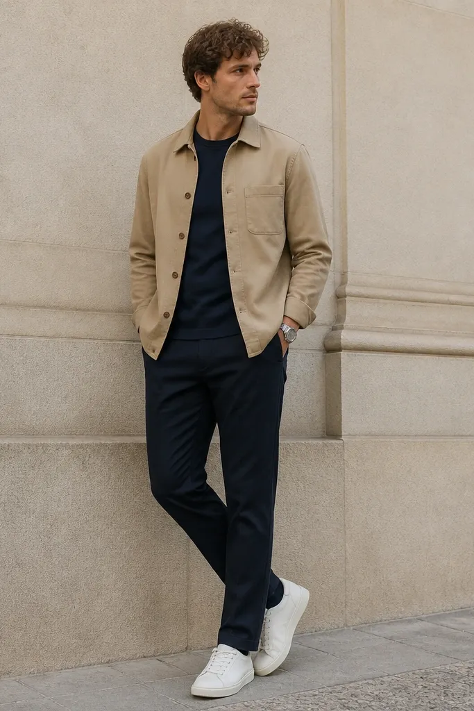 A tan overshirt worn over a navy crewneck. Navy chinos with a straight leg. White leather sneakers and a simple silver watch.