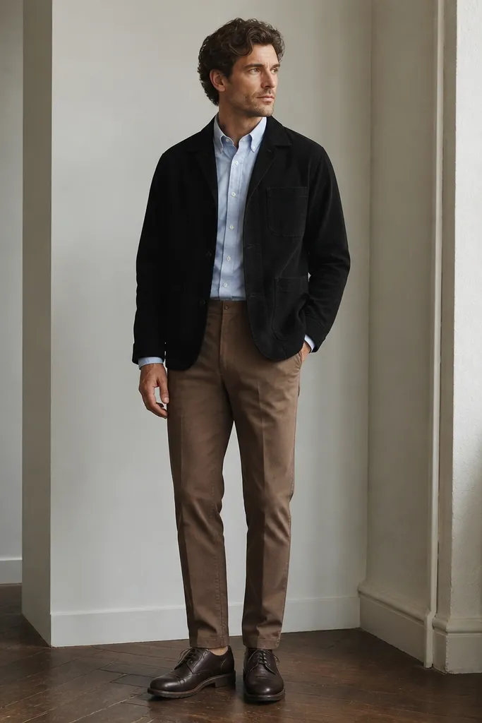 A black corduroy jacket over a light blue oxford shirt. Brown trousers with a straight leg. Shoes are dark brown leather derbies.