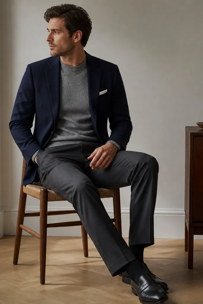 A navy blazer over a heather grey crewneck sweater. Charcoal trousers with a straight leg. Shoes are black leather loafers. A white pocket square is folded simply.