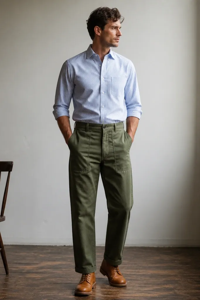 A blue-and-white striped dress shirt worn tucked into olive chore-style trousers. The shirt collar is crisp. Shoes are tan leather boots.