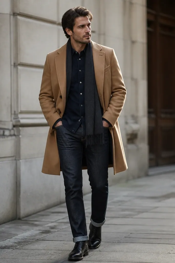 A camel overcoat worn over a navy flannel shirt. Dark jeans with a straight fit. Shoes are black leather lace-up boots. A scarf in charcoal is visible.