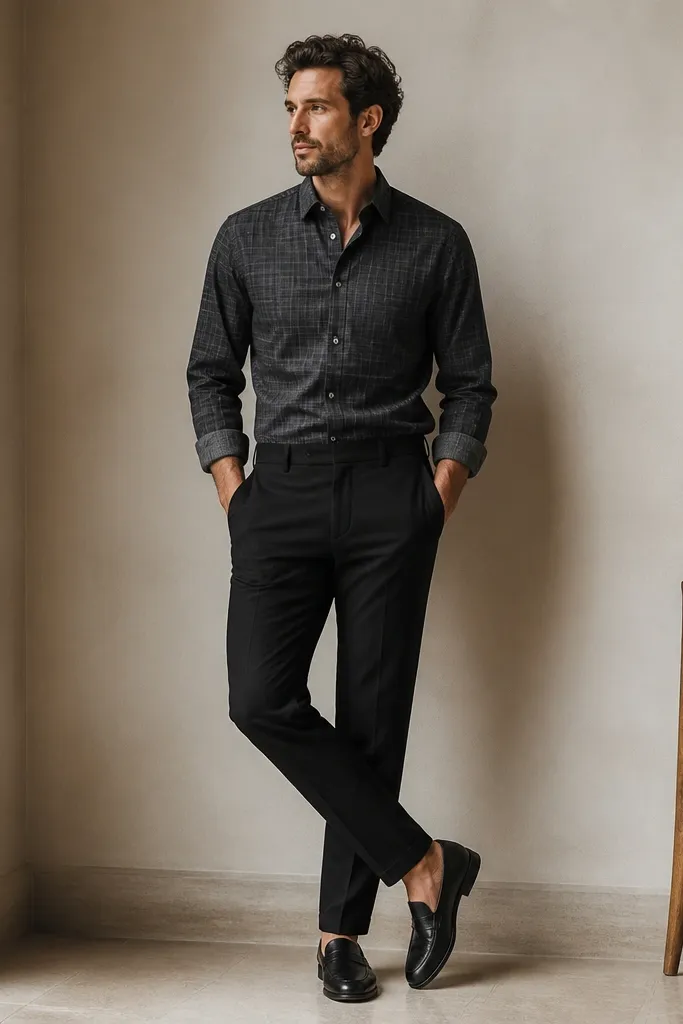A charcoal overcheck button-down tucked into black chinos. The shirt has a subtle check pattern. Shoes are black leather loafers with a clean toe.