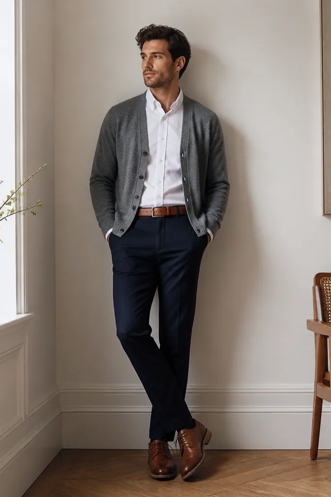 A heather grey cardigan worn over a white button-down. Navy trousers with a straight leg. Shoes are brown leather derby shoes. A brown belt matches the shoes.